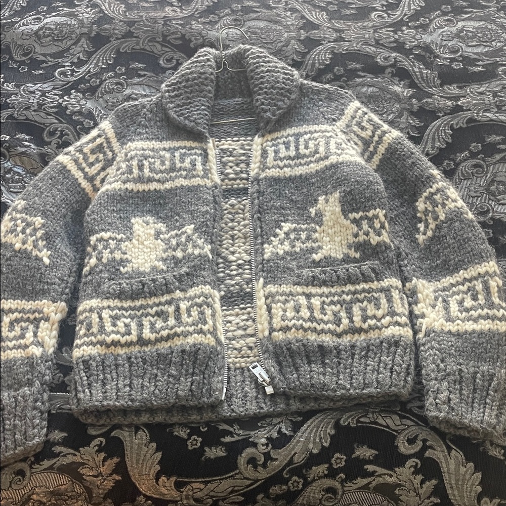 Textured Grey & Cream Zip-Front Knit Jacket